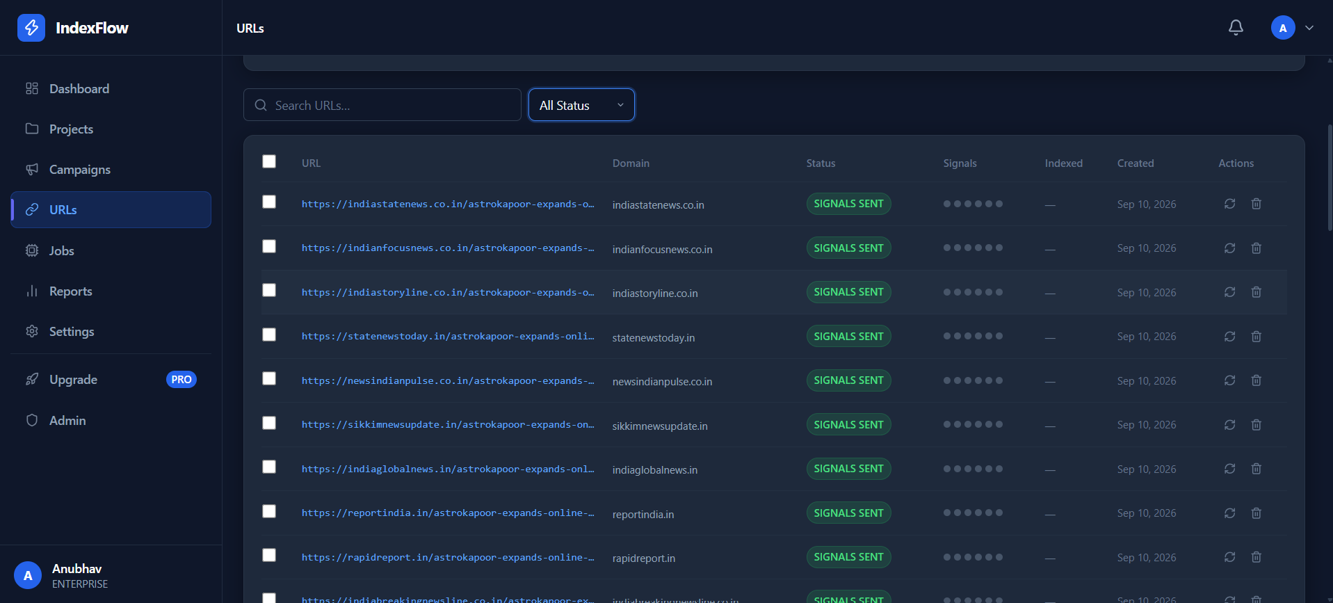 Ping indexer dashboard